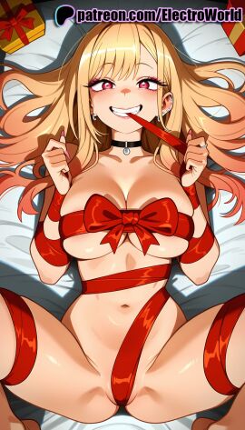 1girls 2025 ai_generated artist_name bed_sheet blonde_hair blush box breasts bust chest choker christmas ear_piercing earrings electroworld female gift gift_box heart-shaped_box hi_res high_quality high_resolution highres holding_gift jewelry kitagawa_marin laying_down long_hair lying lying_on_back my_dress_up_darling nail_polish naked_ribbon on_back patreon patreon_username red_nails red_ribbon ribbon ribbon_bondage smile sono_bisque_doll_wa_koi_wo_suru stable_diffusion teeth valentine watermark