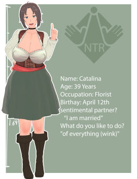 1girls 3d :d big_breasts boots breasts brown_hair catalina_(vyrus_smith) character_sheet cleavage clothing dialogue dress english_text erect_nipples erect_nipples_under_clothes female full_body green_eyes hi_res high_resolution highres large_breasts looking_at_viewer married_female mature mature_female nipples open_mouth open_smile original text vyrus_smith