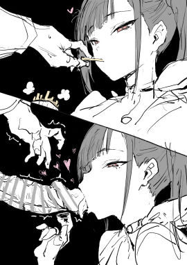 bar_censor black_hair breasts censored choker fellatio female goddess_of_victory:_nikke haoni highres licking licking_penis male monochrome oral penis sora_(nikke) straight twintails