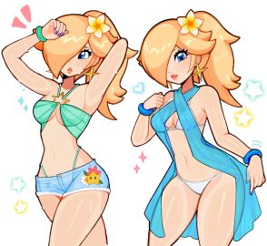 1girls 2024 accessory armpits arms_behind_head arms_up bangs bangs_over_one_eye big_breasts bikini blonde_female blonde_hair blue_bracelet blue_eyes blue_topwear bracelet bracelets breasts character_print cleavage earrings eyebrows eyebrows_hidden_by_hair female female_only fizzeru flower flower_in_hair fully_clothed green_bikini green_bikini_top green_bracelet hair_accessory hair_flower hair_ornament hair_over_one_eye hand_in_hair hand_up hearts hibiscus human instagram_link jeans jeans_shorts jorts light-skinned_female light_skin looking_at_viewer mario_(series) multiple_outfits parted_lips ponytail princess princess_rosalina revealing_clothes see-through see-through_clothing shorts smile solo sparkles stars super_mario_galaxy sweat sweatdrop sweating sweaty sweaty_body swimsuit swimwear teeth underboob updo white_background white_bikini