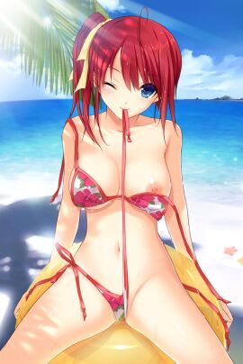 10s 1girls 2012 ;) akino_subaru ball_(object) beach beach_ball big_breasts bikini bikini_in_mouth bikini_pull blue_eyes breasts collarbone day female female_only groin happy hatsukoi_1/1 large_breasts light_rays long_hair looking_at_viewer nipples outdoors palm_tree red_hair shiny_skin side_ponytail sitting sitting_on_ball sitting_on_beach_ball smile summer sunbeam sunlight swimsuit tree tsukishima_kyou water wet wink winking winking_at_viewer