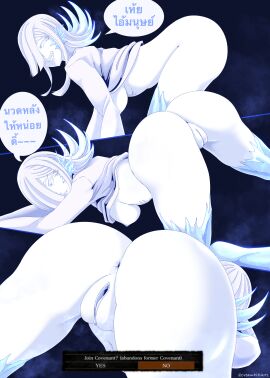 anus ass ass_focus big_ass big_butt blue_nipples blue_pussy bottomless creampieart1 female meme one_eye_closed original original_character pale_skin pussy pussy_juice solo thai_text white_hair yuki_onna
