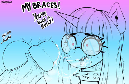absurd_res after_oral anthro bodily_fluids braces choker cum cum_in_mouth cum_inside dialogue ear_piercing equid equine eyewear faceless_character faceless_male female feral friendship_is_magic genital_fluids genitals glasses gradient_background hasbro hi_res holding_penis hooves horn horse human jewelry keta_(zombiedolly) male male/female mammal my_little_pony mythological_creature mythological_equine mythology necklace neet nerd penis piercing pony simple_background solo surprise surprised_expression unicorn zombiedolly