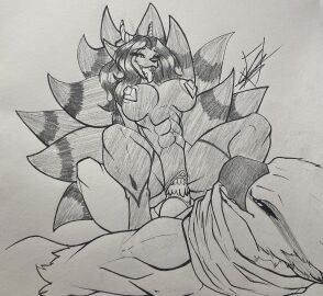 abs absurd_res anthro breasts canid canine capcom cowgirl_position duo female flying_wyvern fox from_front_position graphite_(artwork) grin hair hi_res horn hybrid knot lipstick makeup male male/female mammal markings monster_hunter multi_tail nargacuga nipple_piercing nipples on_bottom on_top pen_(artwork) pencil_(artwork) penetration piercing pussy scarf sex smile sparky_takashii tail tongue tongue_out traditional_media_(artwork) vaginal_penetration vayhl'ayne_(vahlyance)