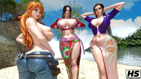 3d 3girls ass big_ass big_breasts boa_hancock breasts clothing curvaceous curvy curvy_female curvy_figure female female_only hagiwara_studio muscular muscular_female nami_(one_piece) nico_robin one_piece post-timeskip thick_thighs