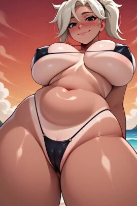 2d ai_generated animated big_breasts cartoon cartoonish cartoony looking_at_viewer mercy needmymommy overwatch sunset swimsuit tagme tan_skin video western_art