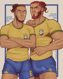 balls balls_under_clothes bara beard biceps big_bulge boner bulge clothing erection erection_under_clothes gay hector_(nuttkraken) huge_bulge male male/male male_only muscular muscular_male nuttkraken penis penis_outline penis_under_clothes precum precum_drip precum_through_clothing tight_clothing twitter_user_oc victor_(nuttkraken) yaoi