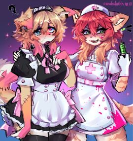 anakoluth anakoluth_(artist) blonde_hair cat_ears cat_girl cat_tail catgirl dog_ears dog_girl dog_tail female furry furry_female gloves maid maid_uniform nurse nurse_uniform thighhighs yumi_(catniplewds) zombie