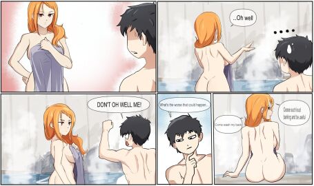 1boy 1girls e_v_o_n_0 ass bath black_hair comic female male naked natsuki_subaru orange_hair priscilla_barielle re:zero_kara_hajimeru_isekai_seikatsu red_eyes tagme towel