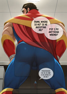 2boys bara beard buttcrush comic comic_page daddy dilf dispatch_(game) el_skelly_traquina gay giant giant_ass male male_focus male_only micro_male micro_on_macro muscular muscular_male older_male_and_younger_male phenomaman robert_robertson sat_on sitting sitting_on_person size_difference size_fetish smothering smothering_ass superhero tight_clothing tight_fit unaware