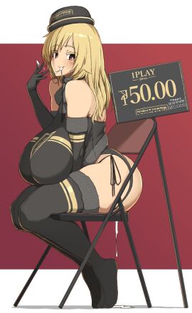 ass black_bow black_gloves blonde_hair blush bow breasts bright_pupils chair clothes_writing cum cum_in_mouth cum_in_pussy cum_string elbow_gloves english_text female folding_chair fur-trimmed_gloves fur-trimmed_thighhighs fur_trim gloves hat highres huge_breasts mai_(makino_momiji) makino_momiji_(artist) original panties price_list prostitution pussy race_queen red_eyes side-tie_panties sign sitting thick_eyelashes thighhighs underwear white_pupils