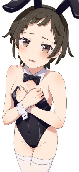 ass_visible_through_thighs bare_arms bare_shoulders belly_button_visible_through_clothing black_leotard blush breasts brown_eyes brown_hair bunny_ears bunnysuit camui1104 cleavage detached_collar embarrassed female groin highleg highleg_leotard leotard medium_breasts monogatari_(series) open_mouth sengoku_nadeko short_hair sideboob strapless strapless_leotard thighhighs thighs white_thighhighs wrist_cuffs zettai_ryouiki