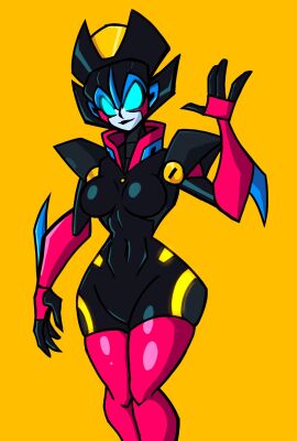 blue_eyes breasts female fembot glowing_eyes medium_breasts no_nipples redartist robot robot_girl robot_humanoid thighhighs thighs transformers wide_hips windblade yellow_background