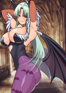 1girls akisu_k armpits arms_behind_head ass bat_wings big_breasts breasts busty capcom cleavage confident darkstalkers demon demon_girl female from_side green_hair half-closed_eyes head_wings highres large_breasts legs leotard long_hair looking_at_viewer morrigan_aensland pose posing purple_eyes seductive_gaze seductive_smile sensual smile succubus succubus_costume succubus_wings thick_thighs thighs wings