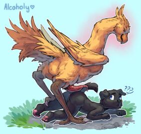 absurd_res alcoholy anthro ass_up avian bodily_fluids canid canine canis cub domestic_dog dripping duo feral genital_fluids genitals hi_res lying male male/male male_cub male_only mammal nude on_front outside penis precum precum_drip side_view standing tapering_penis