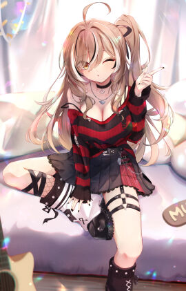 1girls ahoge artist_request black_choker blush breasts brown_eyes brown_hair female hololive hololive_english hololive_english_-council- hololive_english_-promise- large_breasts long_hair multicolored_hair nanashi_mumei nanashi_mumei_(emo) one_eye_closed one_side_up open_mouth sitting solo straight_hair thighs virtual_youtuber white_hair