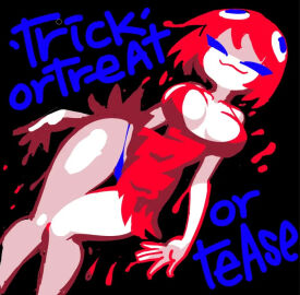 1girls 2d black_background blinky_(pac-man) breasts dress english_text female halloween light-skinned_female light_skin minus8 pac-man_(series) pac-man_ghost_dance_(minus8) plain_background red_dress solo text thighs thong underwear