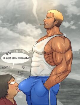 2boys adam's_apple bandaid bandaid_on_face bandaid_on_nose bara beard_stubble biceps blonde_hair blue_pants blurry blurry_background bracelet brown_eyes bulge cigarette coco342 covered_abs ear_piercing earrings eyebrow_cut facial_hair fat freckles glasses gradient_hair hand_in_pocket highres jewelry korean_text large_pectorals large_variant_set licking_bulge male male_focus multicolored_hair multiple_boys multiple_males muscular muscular_male mustache_stubble nipples opaque_glasses original outdoors pants pectorals piercing saliva scar scar_on_arm scar_on_face short_hair sidepec smoking speech_bubble stubble tank_top time_stop tongue tongue_out track_pants translation_request variant_set veins white_tank_top yaoi