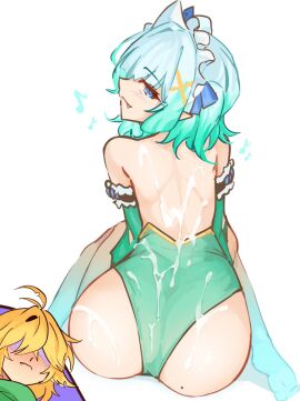 0rcazone 2girls antenna_hair aqua_hair ass bare_back bare_shoulders blonde_hair blue_eyes blue_hair blush commentary cum cum_on_ass cum_on_back cut-in cute_fang detached_sleeves dokibird dokibird_(bounty_hunter) english_commentary fang_out female from_behind full_body futanari gradient_hair hair_ornament highleg highres implied_futa indie_virtual_youtuber intersex leotard looking_at_viewer looking_back maid_headdress mint_fantome mole mole_on_ass multicolored_hair multiple_females multiple_girls musical_note oerba_yun_fang pointy_ears shaded_face short_hair shoulder_blades sitting solo_focus virtual_youtuber wariza x_hair_ornament