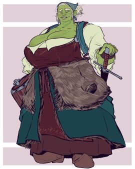 barrel breasts buchtvana cleavage clothing female gilf green_skin half-orc huge_breasts mature_female one_eye_closed overweight_female saltyjub smile smiling_at_viewer sword white_hair wide_hips yellow_eyes