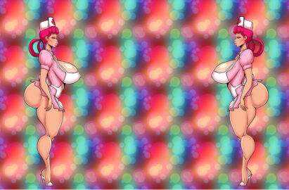 2girls big_breasts blue_eyes breasts female hair_rings nurse_cap nurse_joy nurse_uniform paulinebabe pink_hair pokemon white_heels