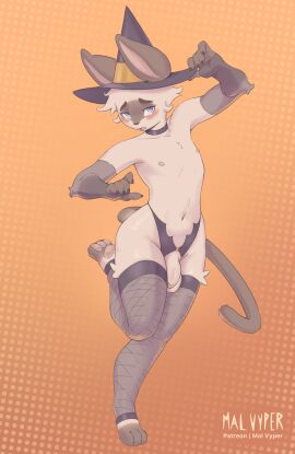 absurd_res anthro clothing costume domestic_cat felid feline felis femboy genitals halloween hi_res holidays lingerie magic_user male male_only malvyper mammal penis shy solo witch