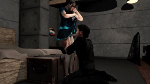 1boy 1girls 3d animated animated_gif dildo dominant_female dress fellatio female light-skinned_female light-skinned_male light_skin male q_(pixiv70700219) sex_toy standing strap-on strapon submissive_male virtamate white_dildo white_stockings