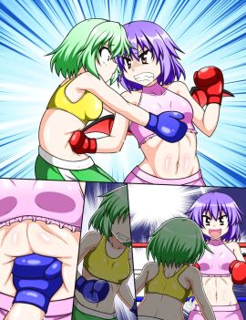 2girls bat_wings blue_boxing_gloves blue_gloves boxing boxing_gloves boxing_ring breasts bruise bruised bruises bsfd catfight combat_skirt female female_focus female_only fight fighting fighting_ring gloves green_hair green_shorts gut_punch koishi_komeiji manga pink_skirt pink_sports_bra punch punching purple_eyes red_boxing_gloves red_gloves remilia_scarlet ryona short_hair shorts skirt small_breasts sports_bra stomach_punch textless textless_version touhou tsushima_zan vampire violet_hair wings yellow_sports_bra