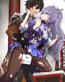 1boy after_kiss bare_shoulders black_gloves black_hair black_pantyhose blush breasts brown_hair censored censored_by_text chair clothed_sex cone_hair_bun couple detached_sleeves double_bun dress eyeliner female formal from_behind genshin_impact gloves gradient_hair hair_between_eyes hair_bun hair_ears hair_ornament hand_on_another's_face hands_on_another's_hips highres implied_sex jacket keqing_(genshin_impact) large_breasts long_hair makeup male multicolored_hair neck_tassel noi18294zx open_mouth pants pantyhose purple_dress purple_eyes purple_hair saliva saliva_trail sex standing standing_sex straight suit sweatdrop thumb_ring tongue torn_clothes torn_pantyhose twintails yellow_eyes zhongli_(genshin_impact)