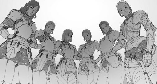 6+girls armor armored_female braid braided_hair digital_media_(artwork) drawing european european_female female female_knight female_only full_armor harem highres knight long_hair looking_at_viewer looking_down mature_female medieval_armour medium_hair medival milf monochrome multiple_females multiple_girls no_color older_female onee-chan original plate_armor pov shoulder_armor smiling smiling_at_viewer standing thighs voluptuous_female wassnonnam white_background