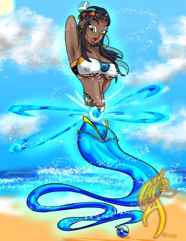 1girls 2023 2d adhiguna artist_logo beach blue_hair blue_highlights breasts captured_by_pokeball clothes clothing cloud color colored copyright_logo covered_breasts covered_nipples dark-skinned_female dark_hair dark_skin day detailed_background digital_media_(artwork) dive_ball ear_piercing earrings female female_focus female_only full_body game_freak genie genie_girl genie_tail genie_transformation gift_art gym_leader long_hair mostly_nude mythology navel nessa_(pokemon) nintendo ocean pokeball pokemon pokemon_swsh post-transformation released_from_pokeball sea seaside sky solo solo_female solo_focus sun transformation water water_drop