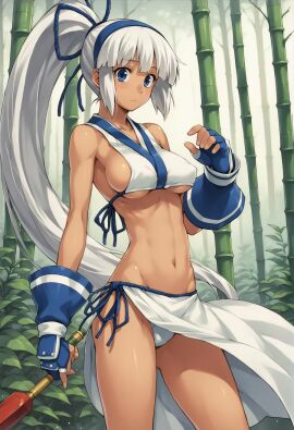1girls big_breasts bikini blue_eyes breasts busty dark-skinned_female dark_skin female female_only fingerless_gloves grey_hair hair_ribbon hi_res large_breasts legs long_hair majikina_mina navel ponytail samurai_shodown sarong snk swimsuit thighs underboob voluptuous white_bikini
