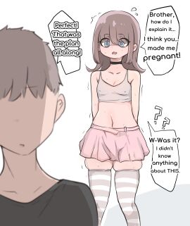 ! 1boy 1girls 2024 2d 2d_(artwork) ? arms_behind_back bangs belly_button blue_eyes brother_and_sister brown_hair choker cleavage clothed collarbone confused crop_top dialogue english_text erect_nipples_under_clothes eyes_visible_through_hair faceless_male female flat_chest hair_between_eyes hi_res highres incest ioxat light-skinned_female light-skinned_male light_skin male nervous no_background no_bra no_eyes overflowing_thighs plain_background pregnant revealing_clothes shoulder_length_hair siblings sidelocks simple_background skindentation skirt speech_bubble striped_thighhighs sweat sweating sweaty text text_bubble thick_thighs thighhighs trembling white_background wide_eyed