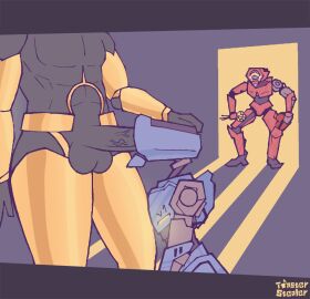 black_body bodily_fluids caught_in_the_act clothed clothing fellatio flower gabriel_(ultrakill) group holding_flower holding_object humanoid humor humor_porn male male_focus new_blood_interactive oral partially_clothed penile penis plant sex tagme tears toasterstealer trio ultrakill v1_(ultrakill) v2_(ultrakill)