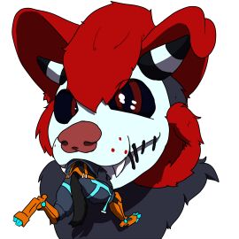 absurd_res anthro biohound black_sclera body_in_mouth canid canid_demon canine cyberpunk_clothes demon digital_media_(artwork) duo extreme_size_difference fan_character flailing fur hellhound hi_res ignacious machine male mammal maud multicolored_body multicolored_fur mythological_canine mythological_creature mythology prosthetic protogen sewn_mouth size_difference suspenders tucked_tail vore