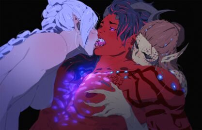 3girls arm_tattoo baldur's_gate baldur's_gate_3 bite black_background black_hair blush braid braided_hair breast_grab breasts brown_hair closed_eyes color completely_nude denimcatfish dungeons_and_dragons elf_ears elf_female facial_markings fangs female fff_threesome forgotten_realms freckles french_kiss gith githyanki glowing glowing_eyes groping groping_breasts groping_from_behind hair_bun high_elf horns karlach kissing lae'zel lighting long_hair looking_at_partner looking_pleasured multiple_females multiple_girls muscular muscular_female nipples nude one_eye_closed pointy_ears purple_eyes red_highlights saliva scar scar_on_arm scar_on_face shadowheart sharp_teeth shoulder_bite slight_blush sweat tattoo threesome tiefling white_hair yuri