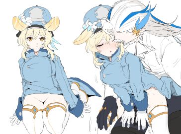 1boy 1girls age_difference ambiguous_consent authority_abuse black_gloves black_pants blonde_hair blue_clothes blue_hat blue_uniform boss boss_and_employee boss_and_subordinate bottomless closed_eyes clothed clothed_sex couple dal-gi dubious_consent female from_behind genshin_impact gloves hair_ornament hairpin hat highres implied_penetration implied_sex legs_apart long_hair lumine_(genshin_impact) male neckerchief neuvillette_(genshin_impact) pants power_imbalance shirt short_hair simple_background sitting sitting_on_person straight subordinate sweating sweaty sweaty_legs taken_from_behind uniform white_background white_gloves white_neckerchief white_shirt