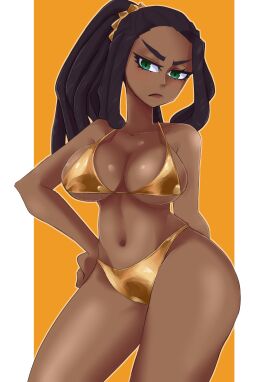 1girls artist_request breasts brown_hair dark-skinned_female dark_skin dreadlocks female female_only gold_bikini golden_week green_eyes its_delishi large_breasts ponytail rox_(badjujuarts) solo someone_else's_oc tagme thick_thighs