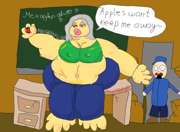 appendectomy_scar apple artist_signature bedroom_eyes big_breasts big_lips breaking caught_in_the_act eating fat fat_ass feet gray_hair high_quality janitor masterfapgod nipple_visible_through_clothes revealing_clothes shaded shocked slut speech_bubble stretch_marks sweat table