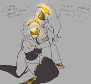 breasts coffeiiko disassembly_drone embrace face_in_breasts female female_only hand_on_another's_hip hips j_(murder_drones) kneeling legs lying_on_side monochrome murder_drones robot_girl robot_humanoid sketch thick_thighs thighhighs thinking_of_someone_else v_(murder_drones) yuri