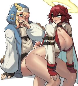 1boy 1girls alternate_outfit blonde_hair blue_eyes bridget clothed edit edited female femboy femboy_on_female feminine_male fully_clothed guilty_gear guilty_gear_strive imminent_sex jack-o'_valentine large_penis male male/female otoko_no_ko penis red_hair sitting small_but_hung squatting teenager trap