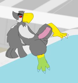 5_fingers absurd_res anthro avian balls bathing bathroom bathtub beak big_(disambiguation) big_beak erection feathers feet fingers genitals grey_body grey_feathers hi_res huge humanoid male multicolored_body multicolored_feathers nude nude_male penis pink_penis rafon red_eyes red_sclera solo spritola_(artist) talons toes water white_body white_feathers winged_arms wings yellow_beak yellow_talons