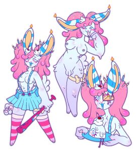 accessory anthro baseball_bat bat_(object) birthday_cake bisexual_pride_colors bottomwear breasts cake cake_gore candle candle_ears candy_gore claws clothing dessert flaccid food food_creature footwear frosting frosting_hair frosting_horns frosting_skin futanari garter genitals gore hi_res intersex lagomorph leg_garter leporid lgbt_pride madeleine_(plentyofsoup) mammal mammoplasty_scar nipples pawpads penis pink pink_pawpads plentyofsoup pride_colors rabbit scar skirt socks solo sprinkles sprinkles_in_hair stripes suspenders trans_woman transfem transgender_pride_colors