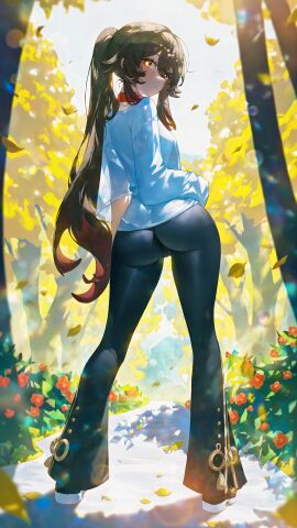 alternate_costume alternate_hairstyle ass black_hair black_pants blue_eyes blue_flower blue_hair blue_rose blurry blush breasts bright_pupils brown_pants bush closed_mouth colored_skin contrapposto day expressionless falling_leaves falling_petals female flower forest from_behind full_body genshin_impact gradient_hair hair_between_eyes hair_ornament hair_over_one_eye hand_in_pocket hand_on_own_hip high_ponytail hu_tao_(genshin_impact) jacket jewelry leaf leggings legs legs_apart lens_flare long_hair long_sleeves looking_at_viewer looking_back medium_breasts ministro multicolored_hair nature outdoors pants parted_lips petals ponytail purple_eyes rose self_upload shirt shoes sidelocks sky small_breasts smile solo standing sunlight symbol-shaped_pupils thighs tight_clothes tight_pants tree two-tone_hair very_long_hair white_footwear wide_sleeves yellow_jacket yellow_shirt