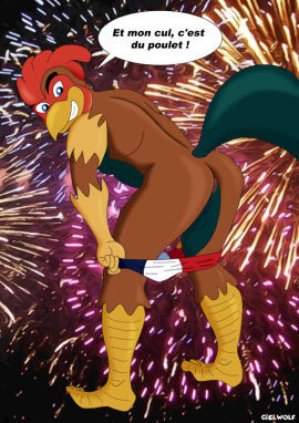 (genus) anthro anus ass avian ball_(object) bastille_day beak bird chicken ciel-wolf clothing french french_flag gallic_rooster galliform gallus gallus_(genus) holidays male phasianid solo underwear
