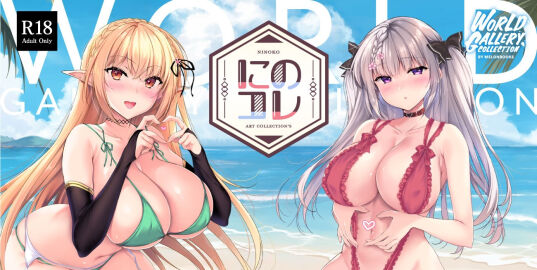 2girls beach bikini black_bow black_choker blonde_hair blush bow braid breasts choker cleavage crown_braid elf elf_ni_inmon_o_tsukeru_hon female garter_belt garter_straps green_bikini grey_hair heart heart_hands large_breasts long_hair looking_at_viewer multiple_females multiple_girls ninoko orange_eyes pointy_ears purple_eyes red_slingshot_swimsuit sakurase_shino_(ninoko) sign slingshot_swimsuit swimsuit sylpha_(ninoko) twintails