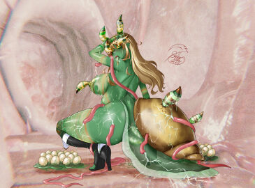 back blonde_hair blue_eyes boots breasts colored_skin cross egg entangled female gore green_skin high_heel_boots high_heels humanoid large_breasts leucochloridium leucochloridium_paradoxum long_hair monster_girl monsterification no_humans non-human non-human_only nude original parasite pregnant snail tentacle tongue tongue_out transformation worm 谢拉卡姗娜_(stellar_xiela)