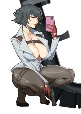 absurdres areola_slip belt black_hair black_pantyhose breasts cellphone chest_belt cleavage cloudy_rain4 collarbone devil_may_cry_(series) devil_may_cry_4 english_commentary female gloves green_eyes gun handgun heterochromia highres holding holding_gun holding_phone holding_weapon jacket jewelry kalina_ann_(weapon) lady_(devil_may_cry) large_breasts looking_at_viewer looking_to_the_side m1911 necklace no_bra no_shoes pantyhose phone red_eyes red_gloves rocket_launcher sideways_glance simple_background smartphone squatting thigh_belt thigh_strap weapon white_background white_jacket