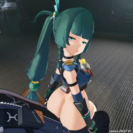 1:1_aspect_ratio 3d :p ass bangs bench big_ass blunt_bangs bottomless braid breasts choker clothing female from_behind gloves green_eyes green_hair hair_ornament high_resolution hime_cut jakkeynsfw large_ass large_filesize legwear long_hair looking_at_viewer looking_back mihoyo ponytail qingyi_(zenless_zone_zero) sitting solo thighhighs tied_hair tongue tongue_out very_high_resolution wise_(zenless_zone_zero) zenless_zone_zero