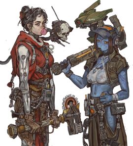2girls adeptus_mechanicus alien alien_girl blue_body blue_skin female female_only imperium_of_man looking_at_viewer mossa mossacannibalis pistol prosthetic prosthetic_arm science_fiction skull tau techpriest tomboy warhammer_(franchise) warhammer_40k